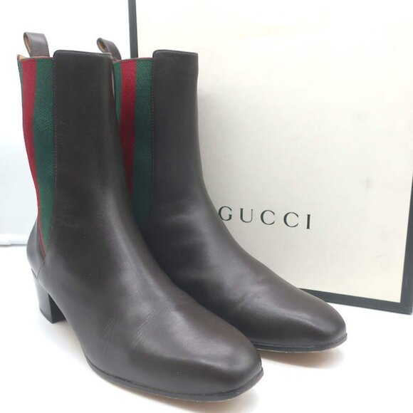 Gucci Shoes - Gucci Karen Web Chelsea Boots Dark Brown Leather Size 41.5 Low-Heel Ankle Boots